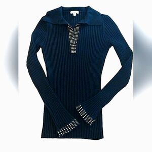 Cache Ribbed V Neck Collered Sweater w/ Gold Applique SZ medium
